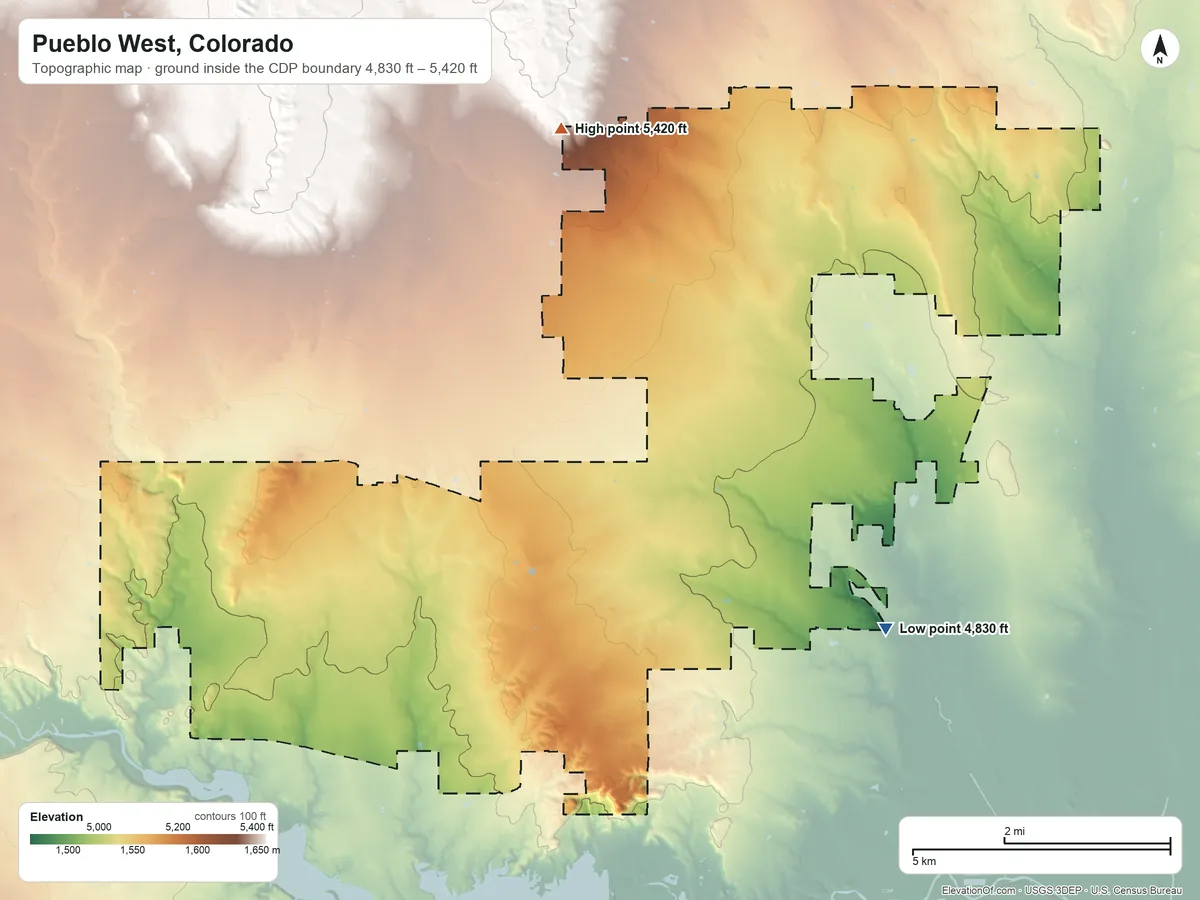 Topographic elevation map of Pueblo West, Colorado, shaded from 4,830 ft on the east side to 5,420 ft on the north side