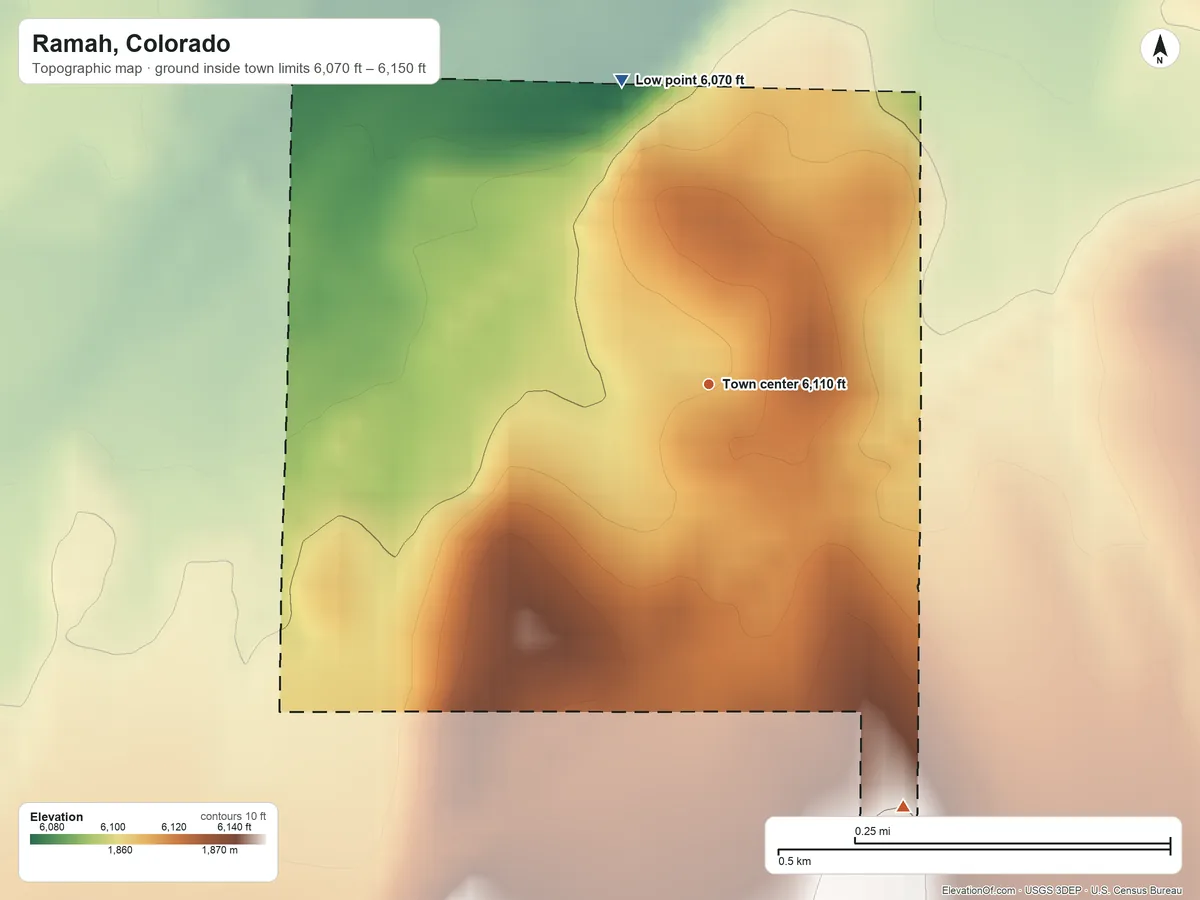 Topographic elevation map of Ramah, Colorado, shaded from 6,070 ft on the north side to 6,150 ft on the southeast side