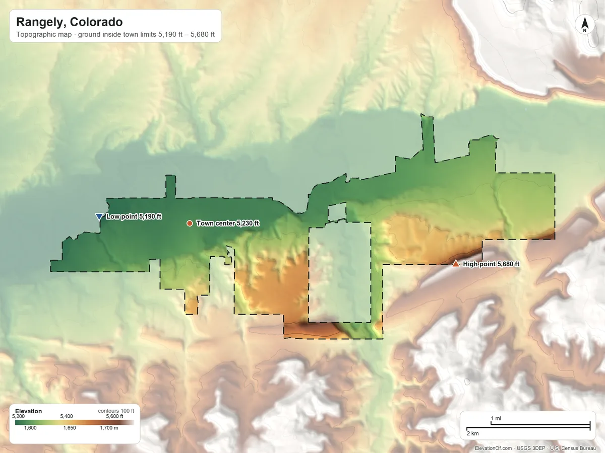 Topographic elevation map of Rangely, Colorado, shaded from 5,190 ft on the west side to 5,680 ft on the east edge, below higher ground just outside