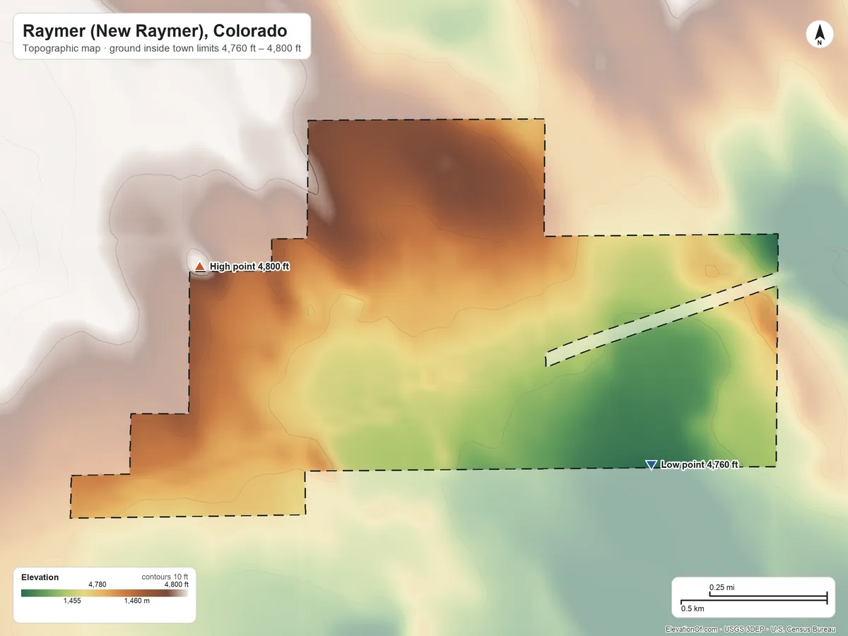 Topographic elevation map of Raymer (New Raymer), Colorado, shaded from 4,760 ft on the southeast side to 4,800 ft on the west side