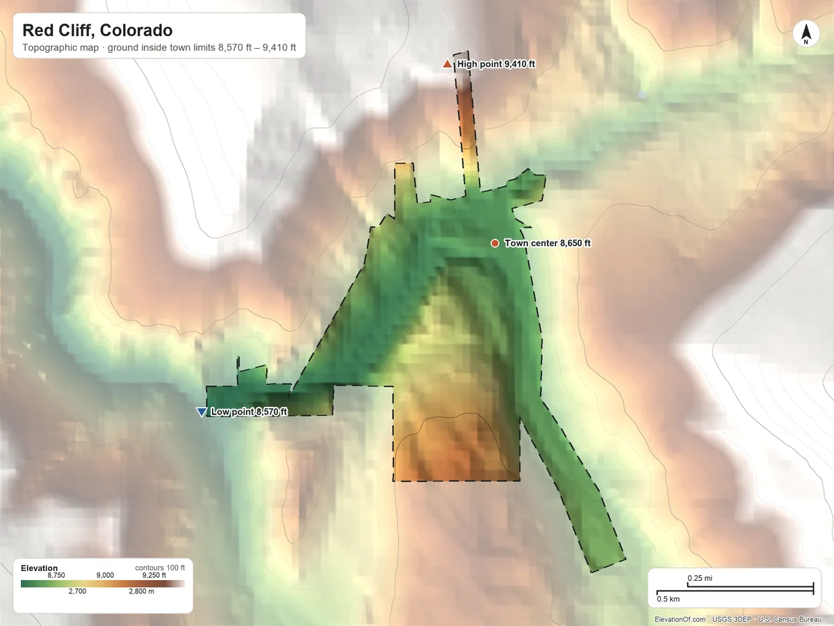 Topographic elevation map of Red Cliff, Colorado, shaded from 8,570 ft on the southwest side to 9,410 ft on the north edge, below higher ground just outside