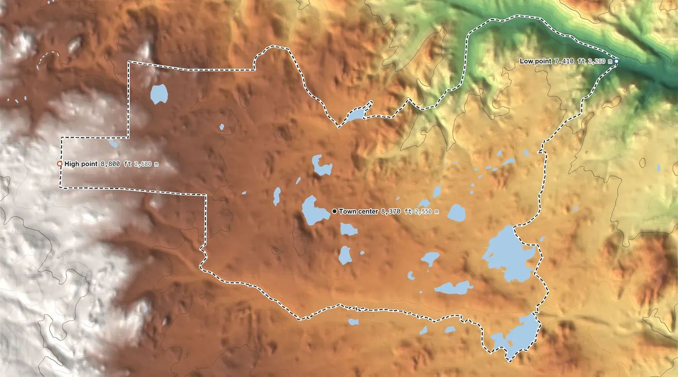 Topographic elevation map of Red Feather Lakes, Colorado, shaded from 7,410 ft on the northeast side to 8,800 ft on the west edge, below higher ground just outside