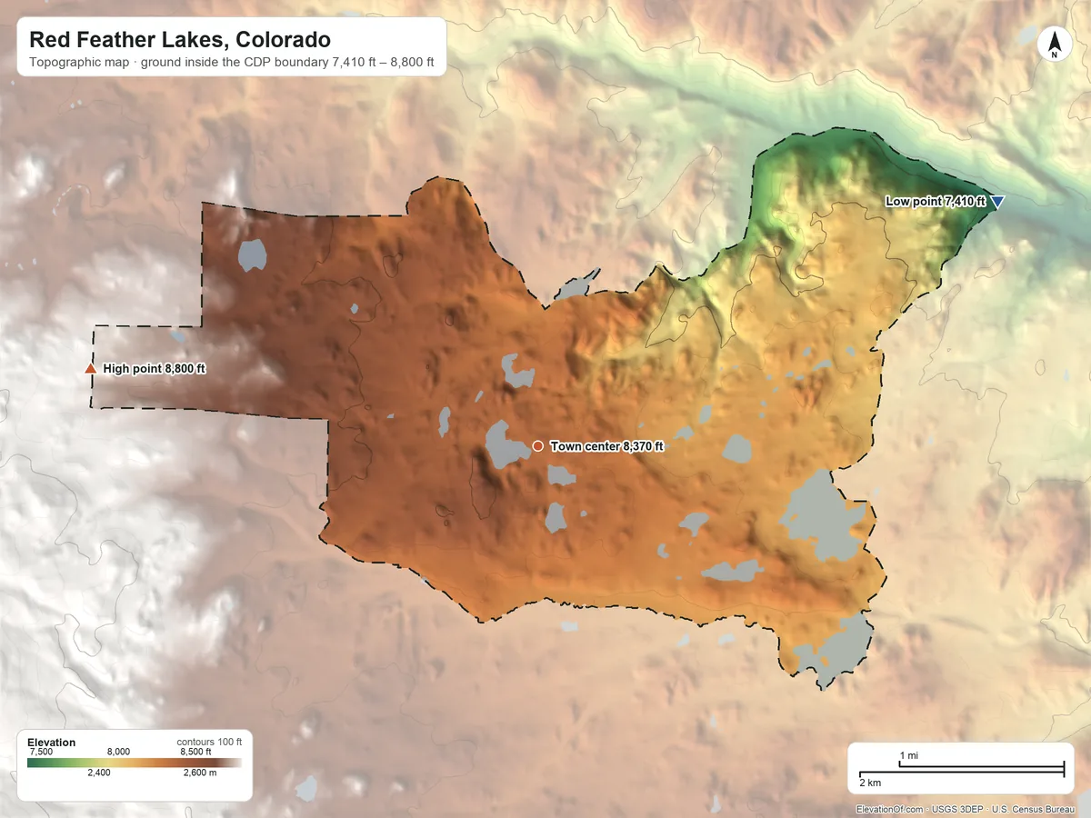 Topographic elevation map of Red Feather Lakes, Colorado, shaded from 7,410 ft on the northeast side to 8,800 ft on the west edge, below higher ground just outside