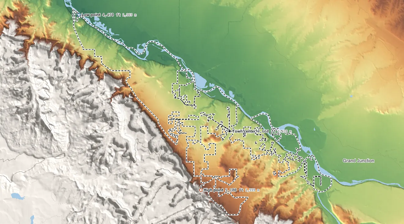 Topographic elevation map of Redlands, Colorado, shaded from 4,470 ft on the northwest side to 5,100 ft at the foot of the The Redlands