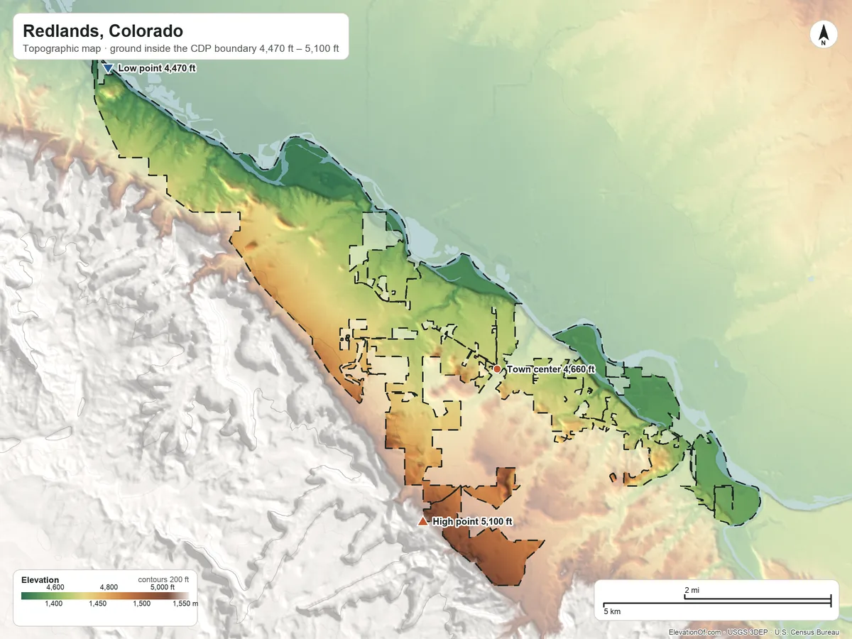 Topographic elevation map of Redlands, Colorado, shaded from 4,470 ft on the northwest side to 5,100 ft at the foot of the The Redlands
