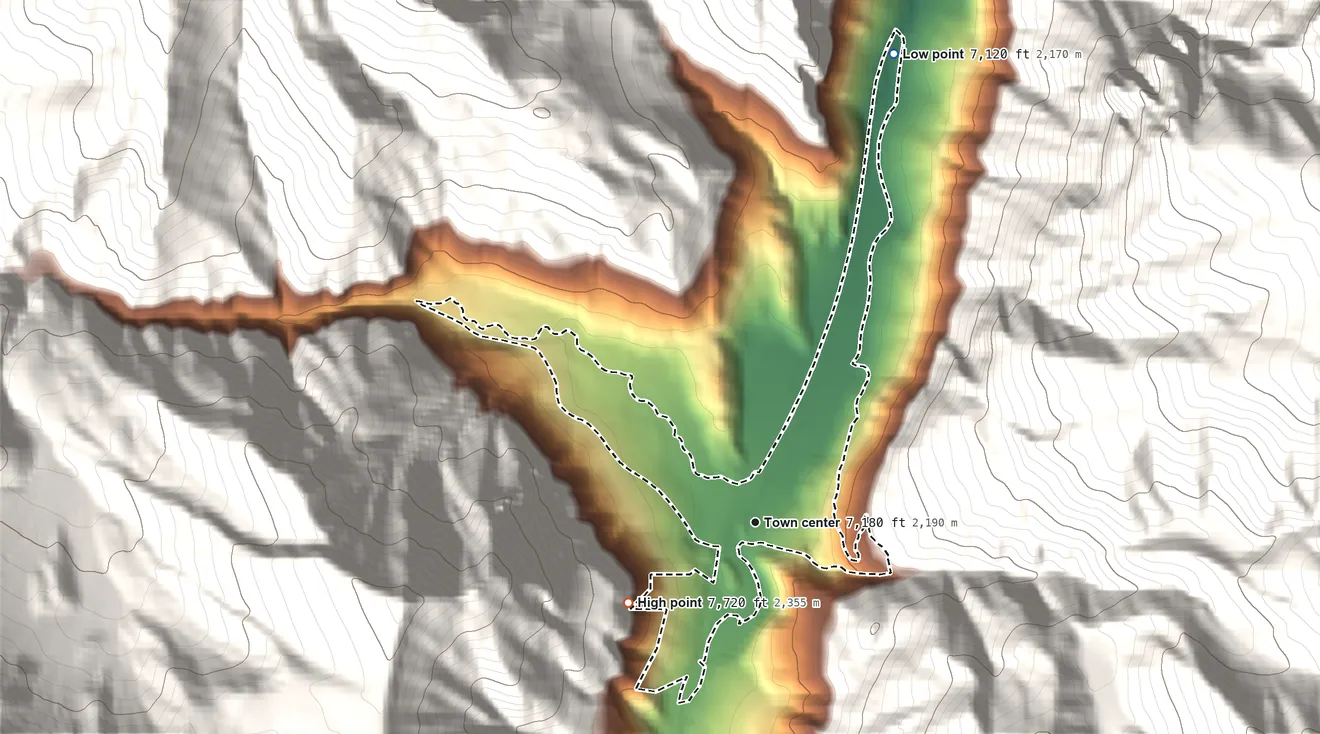 Topographic elevation map of Redstone, Colorado, shaded from 7,120 ft on the north side to 7,720 ft on the southwest edge, below higher ground just outside