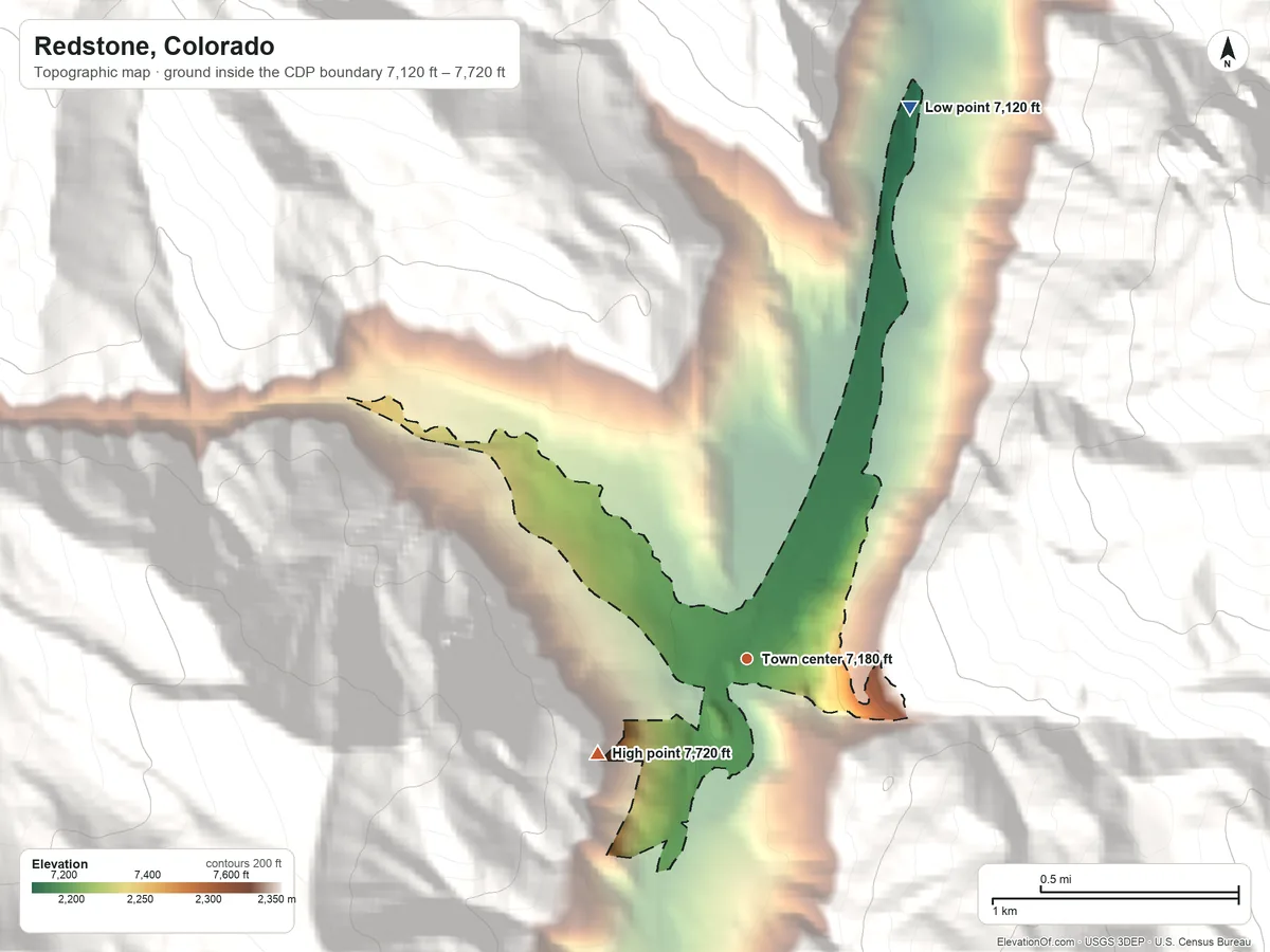 Topographic elevation map of Redstone, Colorado, shaded from 7,120 ft on the north side to 7,720 ft on the southwest edge, below higher ground just outside