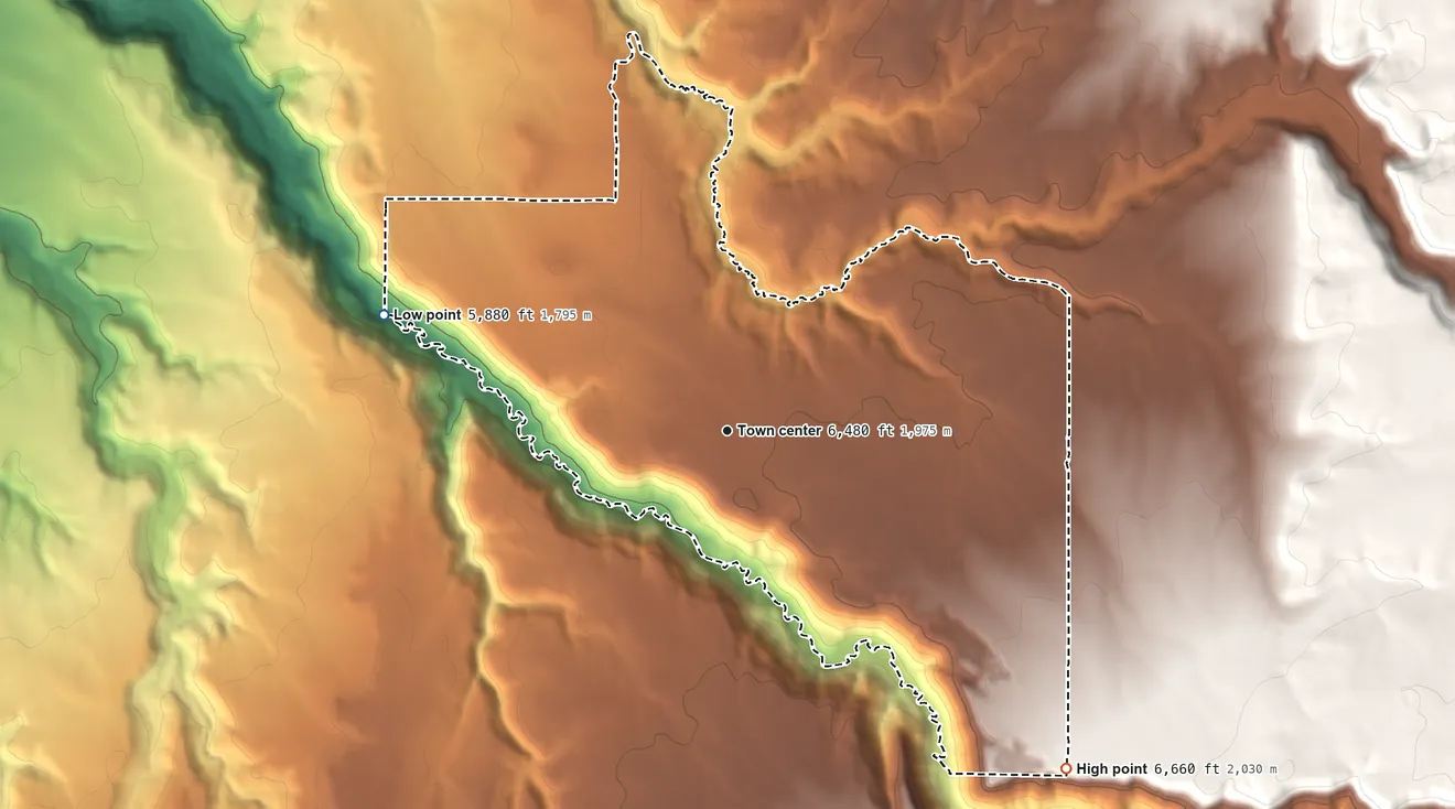 Topographic elevation map of Redvale, Colorado, shaded from 5,880 ft on the west side to 6,660 ft on the southeast side