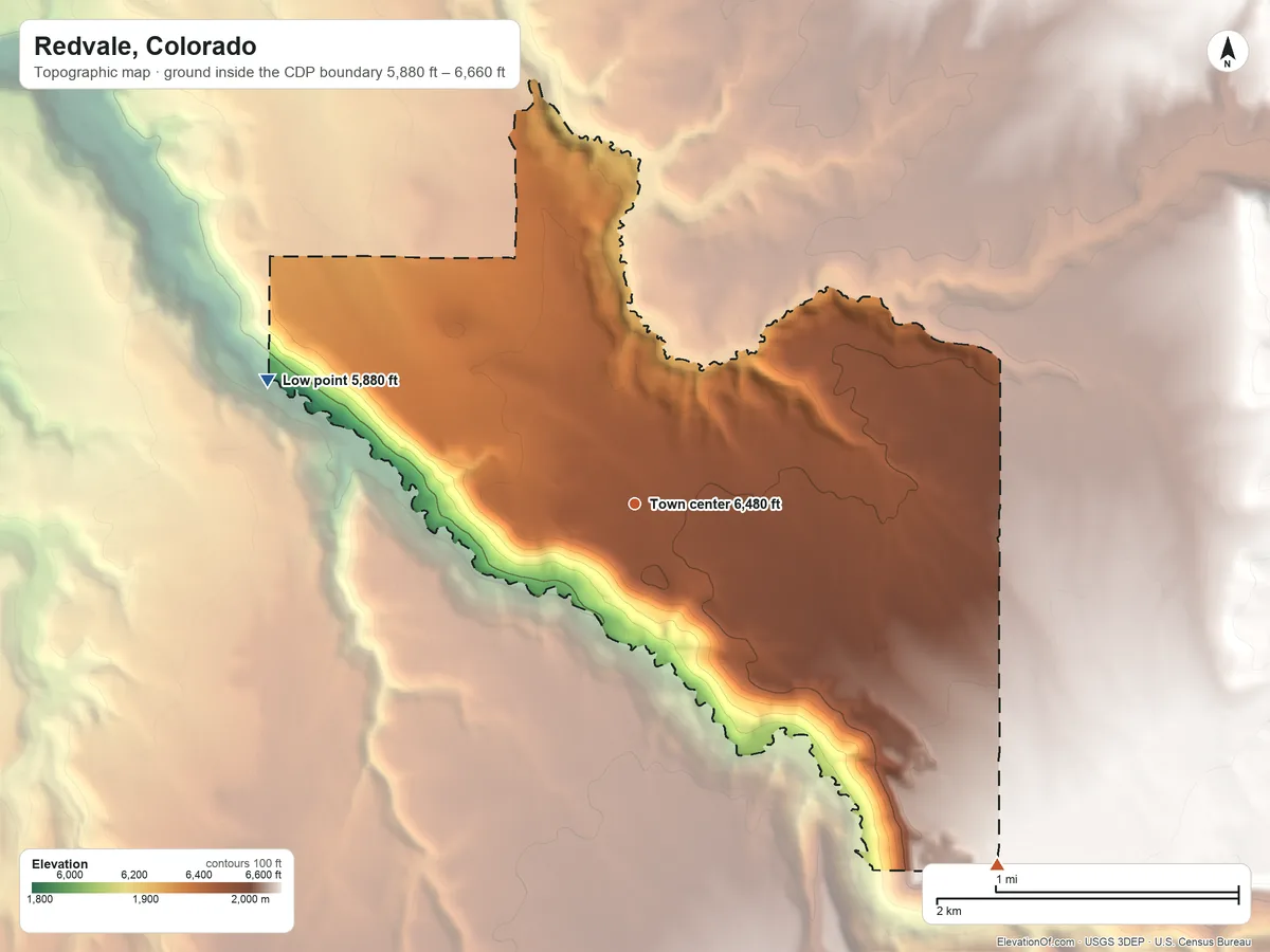 Topographic elevation map of Redvale, Colorado, shaded from 5,880 ft on the west side to 6,660 ft on the southeast side