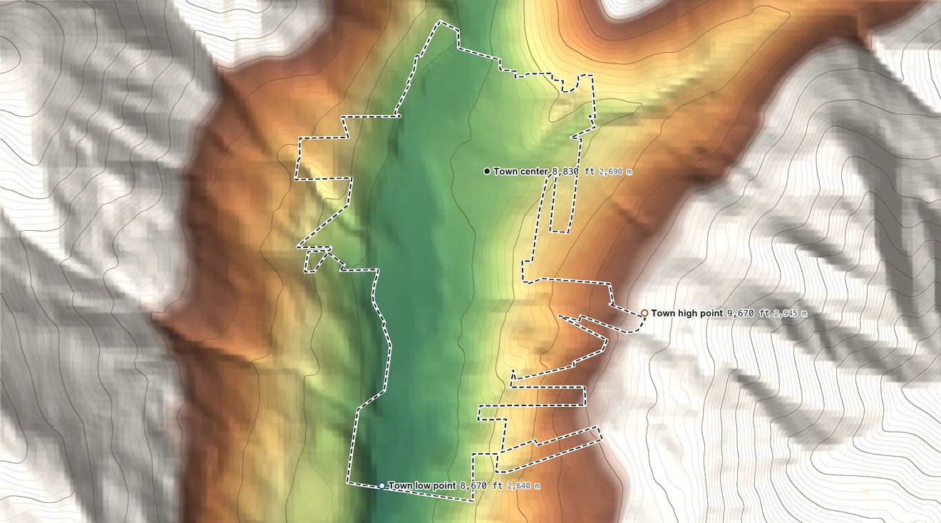 Topographic elevation map of Rico, Colorado, shaded from 8,670 ft on the south side to 9,670 ft at the foot of the Rico Mountains