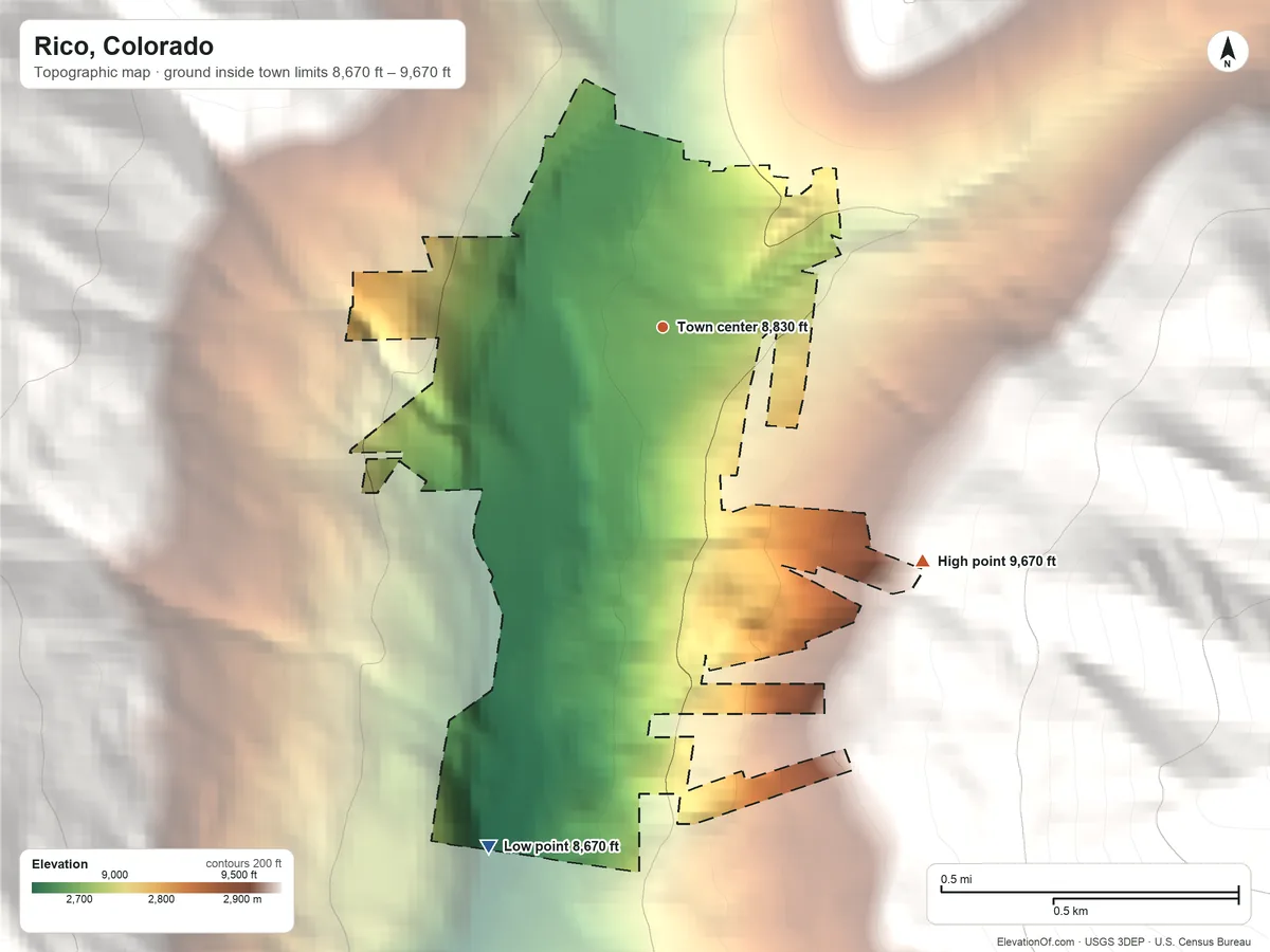 Topographic elevation map of Rico, Colorado, shaded from 8,670 ft on the south side to 9,670 ft at the foot of the Rico Mountains