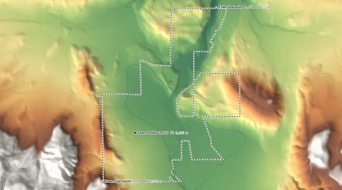 Topographic elevation map of Ridgway, Colorado, shaded from 6,920 ft on the northeast side to 7,570 ft on the southwest edge, below higher ground just outside