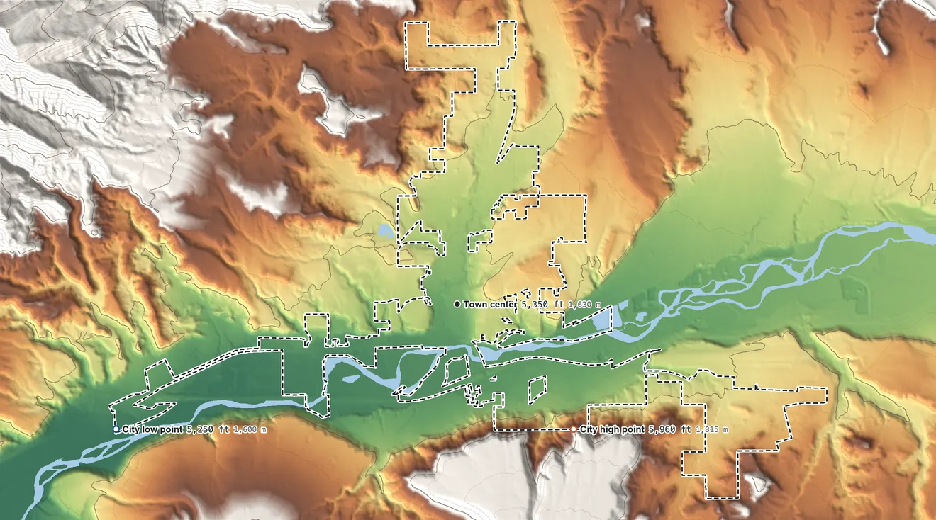 Topographic elevation map of Rifle, Colorado, shaded from 5,250 ft on the west side to 5,960 ft on the southeast edge, below higher ground just outside