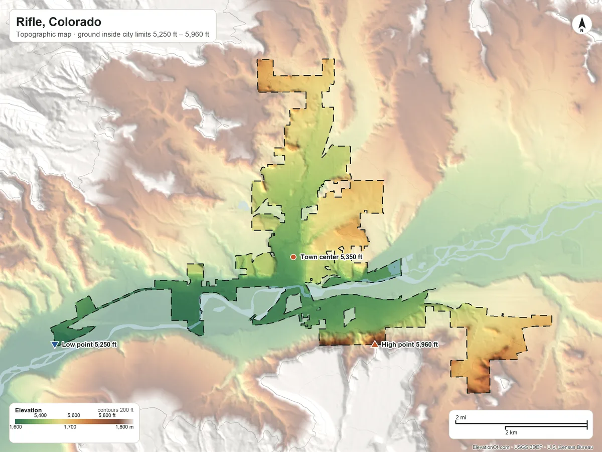 Topographic elevation map of Rifle, Colorado, shaded from 5,250 ft on the west side to 5,960 ft on the southeast edge, below higher ground just outside