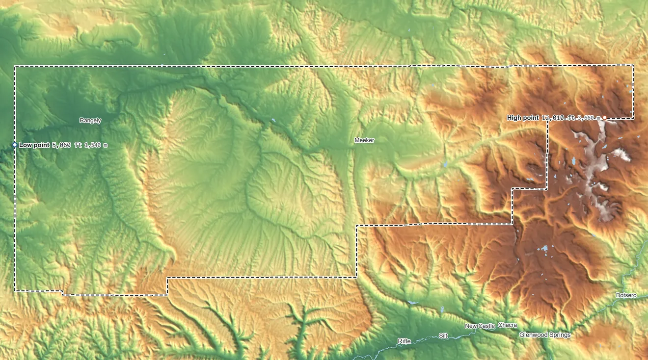 Topographic elevation map of Rio Blanco County, Colorado, shaded from 5,060 ft on the west side to 12,010 ft on the east side