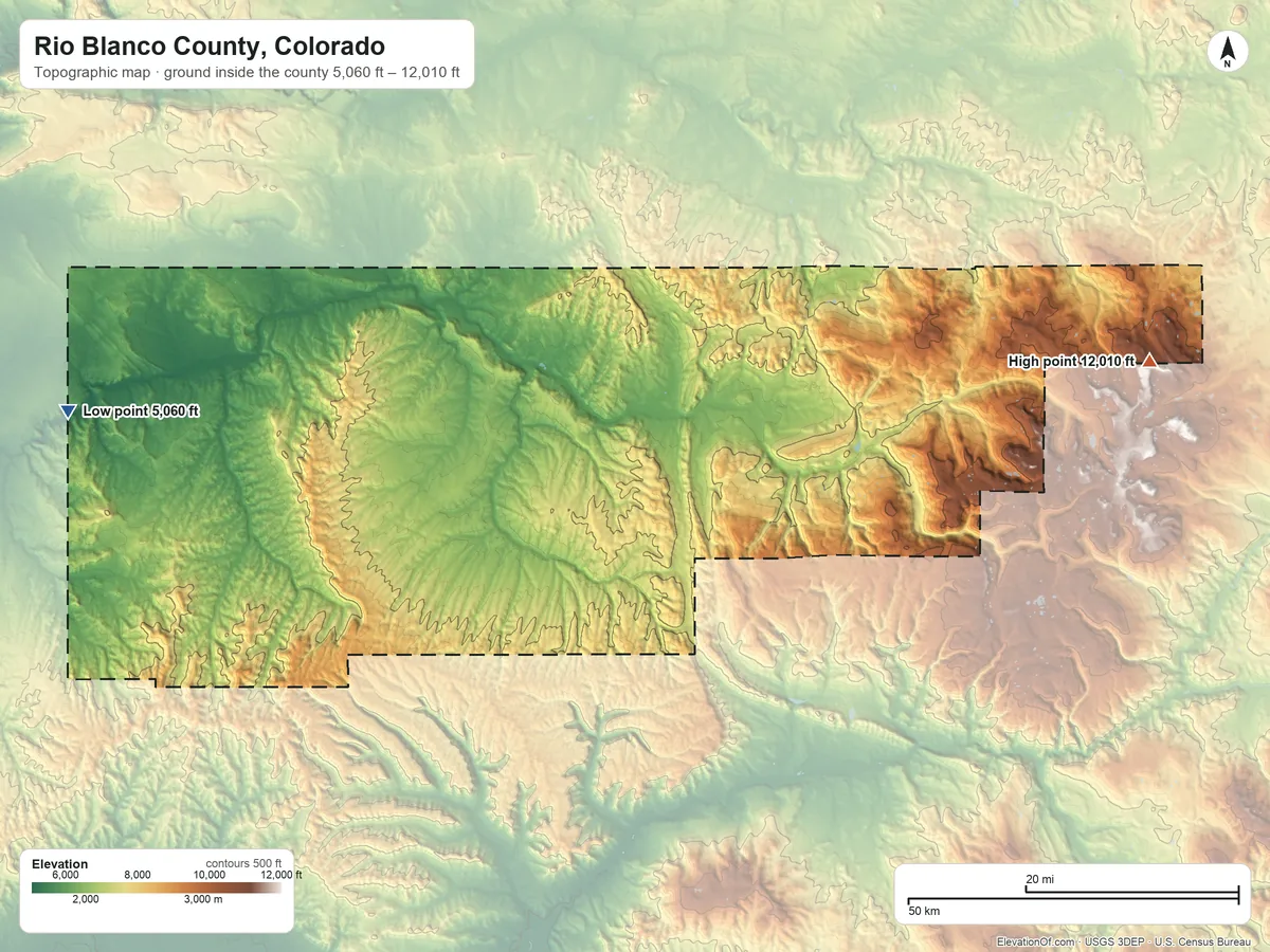 Topographic elevation map of Rio Blanco County, Colorado, shaded from 5,060 ft on the west side to 12,010 ft on the east side