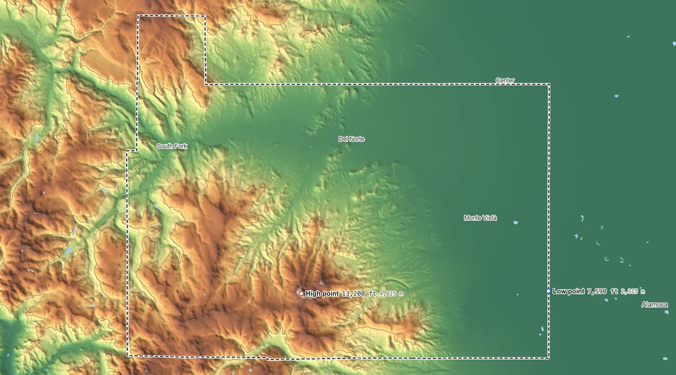 Topographic elevation map of Rio Grande County, Colorado, shaded from 7,590 ft on the southeast side to 13,200 ft on Bennett Peak