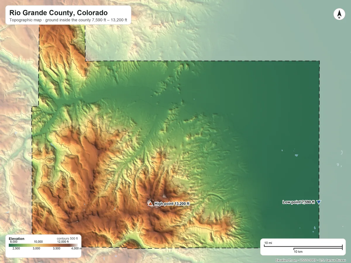 Topographic elevation map of Rio Grande County, Colorado, shaded from 7,590 ft on the southeast side to 13,200 ft on Bennett Peak