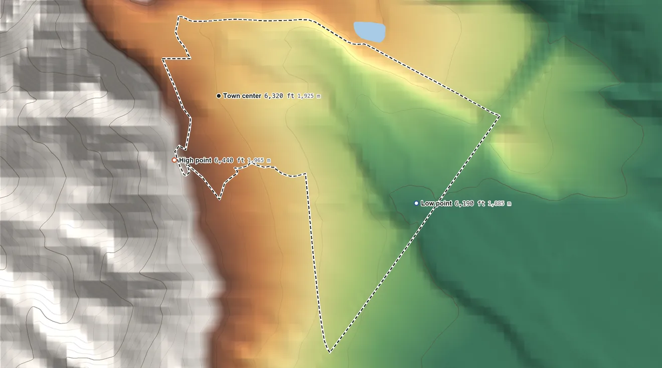 Topographic elevation map of Rock Creek Park, Colorado, shaded from 6,190 ft on the southeast side to 6,440 ft on the southwest edge, below higher ground just outside