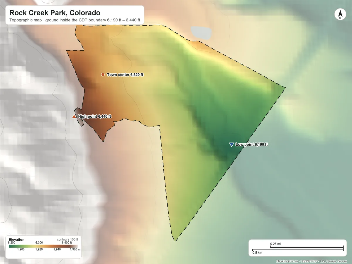 Topographic elevation map of Rock Creek Park, Colorado, shaded from 6,190 ft on the southeast side to 6,440 ft on the southwest edge, below higher ground just outside