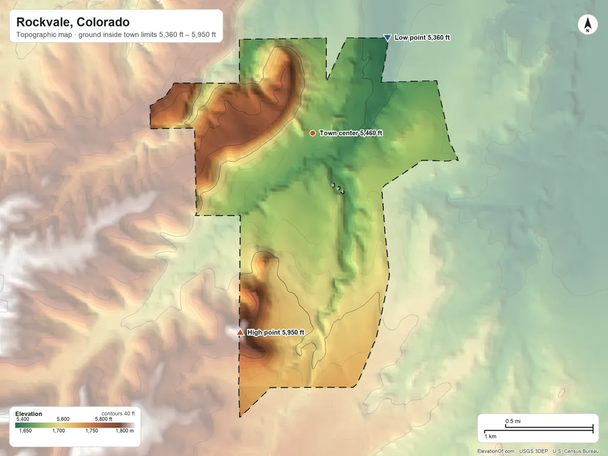 Topographic elevation map of Rockvale, Colorado, shaded from 5,360 ft on the northeast side to 5,950 ft on the south side