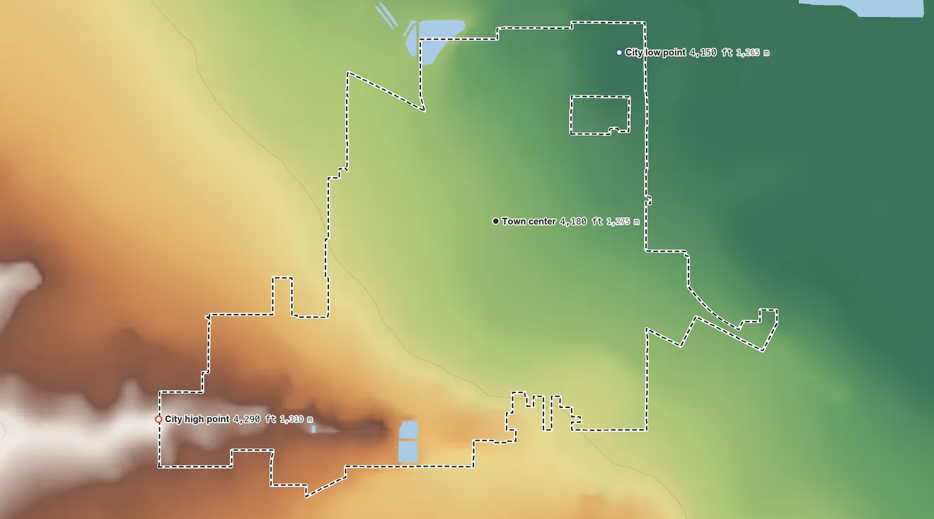 Topographic elevation map of Rocky Ford, Colorado, shaded from 4,150 ft on the northeast side to 4,290 ft on the southwest side