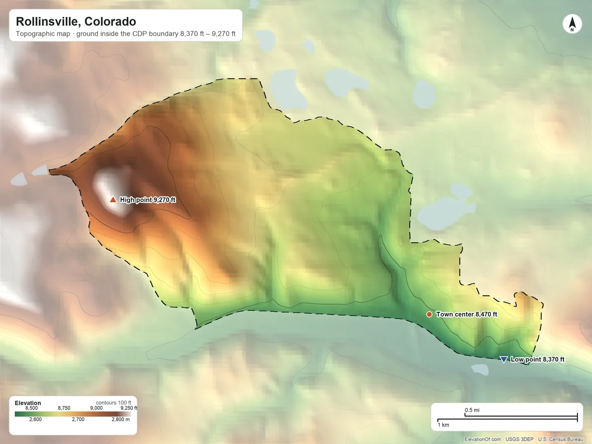 Topographic elevation map of Rollinsville, Colorado, shaded from 8,370 ft on the southeast side to 9,270 ft at the foot of the Indian Peaks