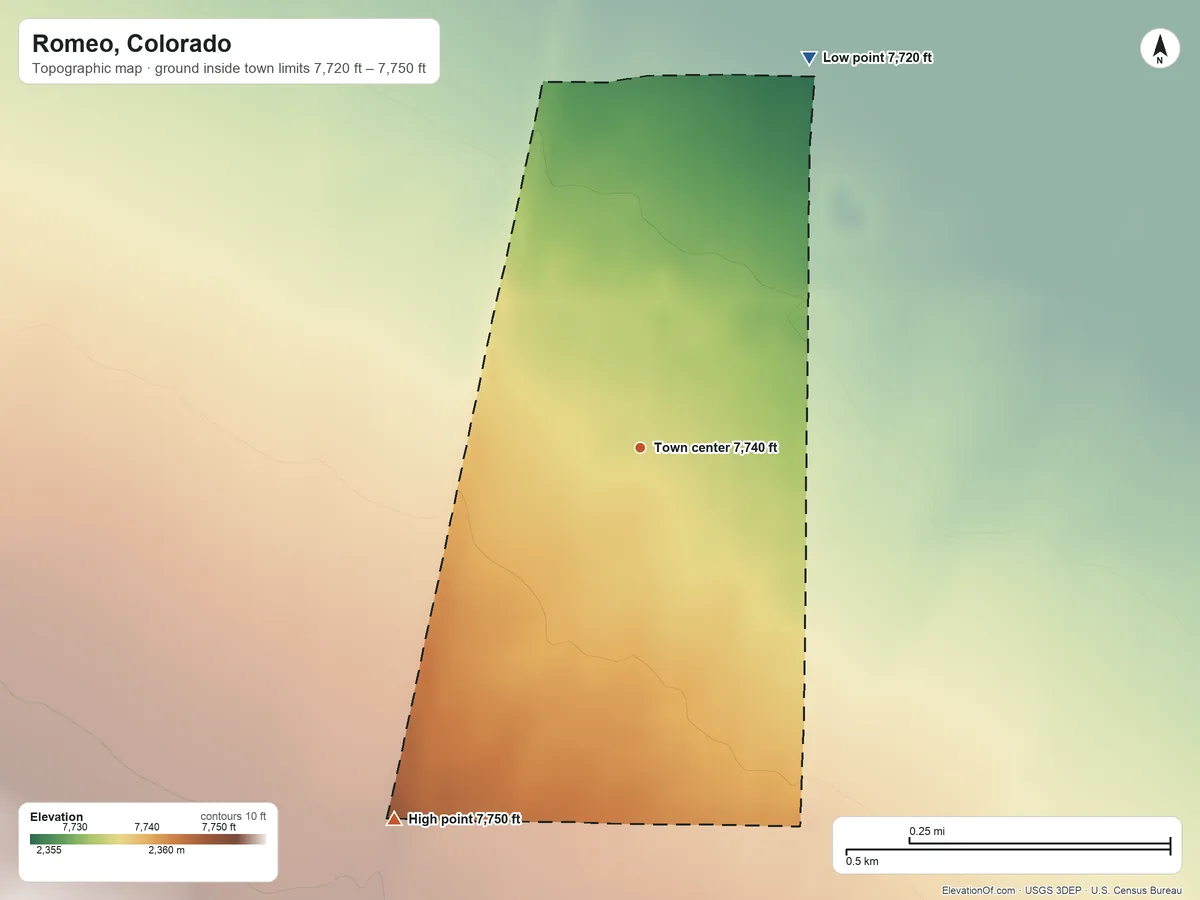 Topographic elevation map of Romeo, Colorado, shaded from 7,720 ft on the northeast side to 7,750 ft on the southwest side