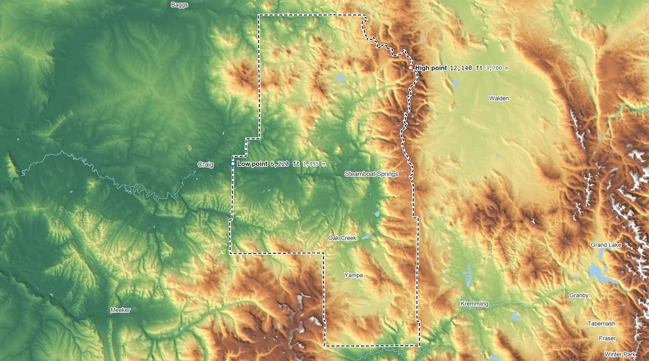 Topographic elevation map of Routt County, Colorado, shaded from 6,220 ft on the west side to 12,140 ft on Mount Zirkel