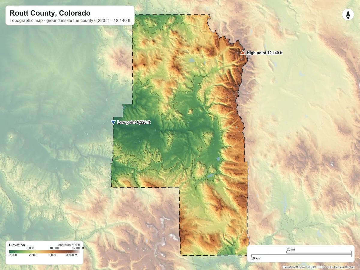 Topographic elevation map of Routt County, Colorado, shaded from 6,220 ft on the west side to 12,140 ft on Mount Zirkel