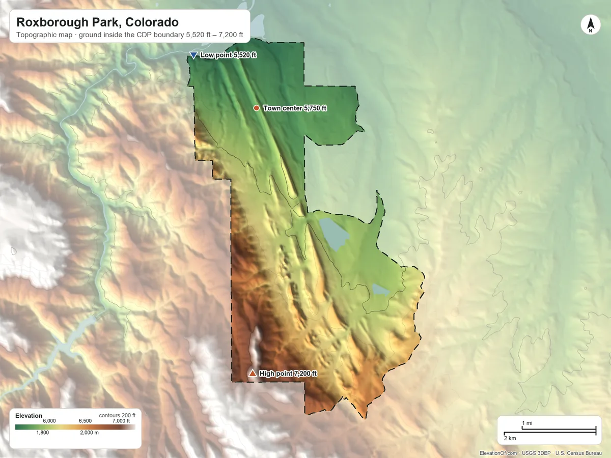 Topographic elevation map of Roxborough Park, Colorado, shaded from 5,520 ft on the northwest side to 7,200 ft at the foot of the Rampart Range