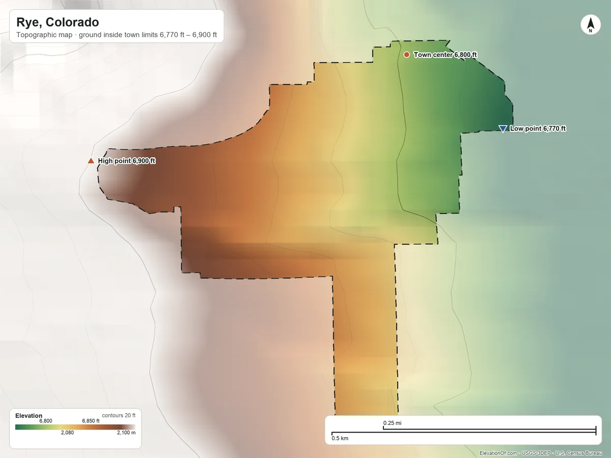 Topographic elevation map of Rye, Colorado, shaded from 6,770 ft on the southeast side to 6,900 ft on the west edge, below higher ground just outside