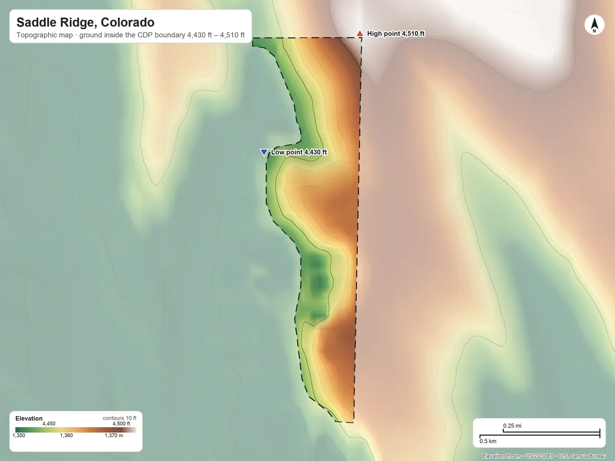 Topographic elevation map of Saddle Ridge, Colorado, shaded from 4,430 ft on the northwest side to 4,510 ft on the north side
