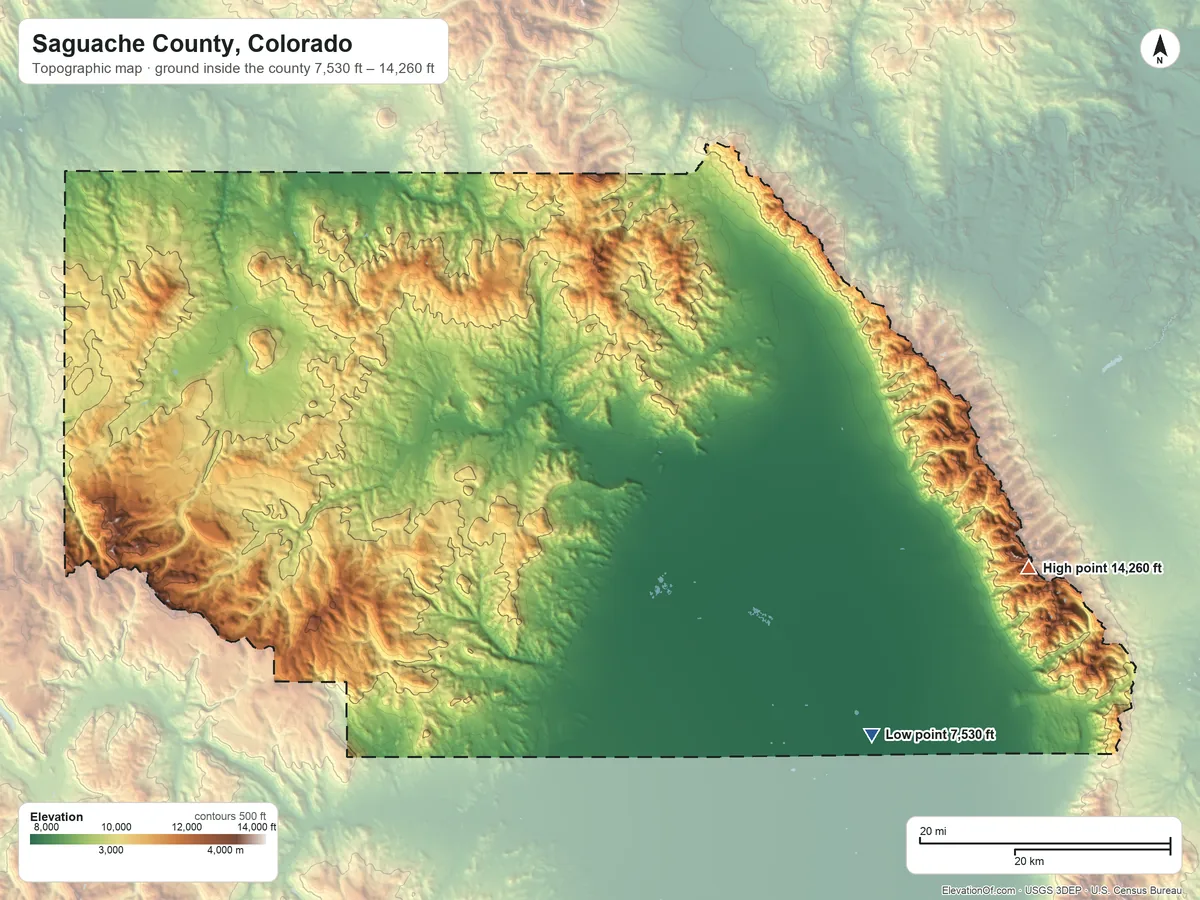 Topographic elevation map of Saguache County, Colorado, shaded from 7,530 ft on the southeast side to 14,260 ft on Crestone Peak