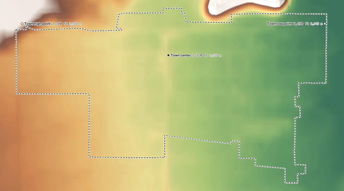 Topographic elevation map of Saguache, Colorado, shaded from 7,690 ft on the east side to 7,740 ft on the west edge, below higher ground just outside