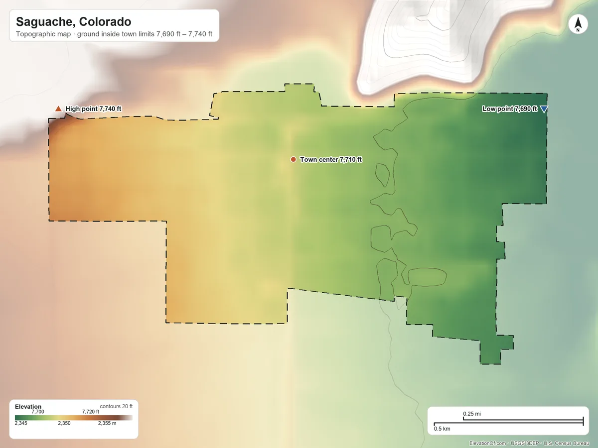 Topographic elevation map of Saguache, Colorado, shaded from 7,690 ft on the east side to 7,740 ft on the west edge, below higher ground just outside