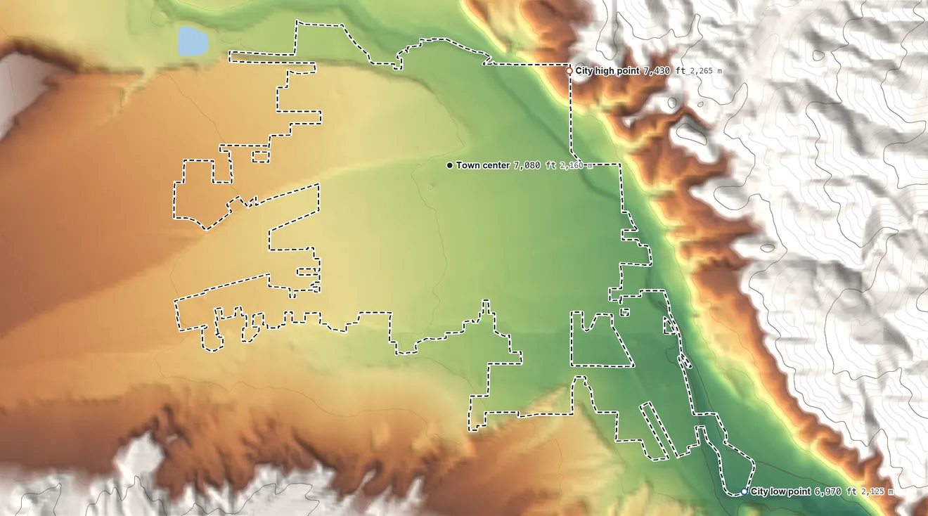 Topographic elevation map of Salida, Colorado, shaded from 6,970 ft on the southeast side to 7,430 ft on the northeast edge, below higher ground just outside