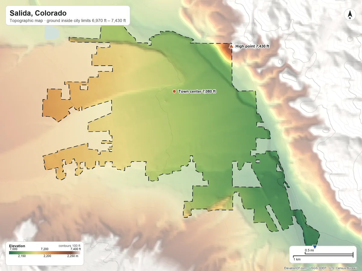 Topographic elevation map of Salida, Colorado, shaded from 6,970 ft on the southeast side to 7,430 ft on the northeast edge, below higher ground just outside