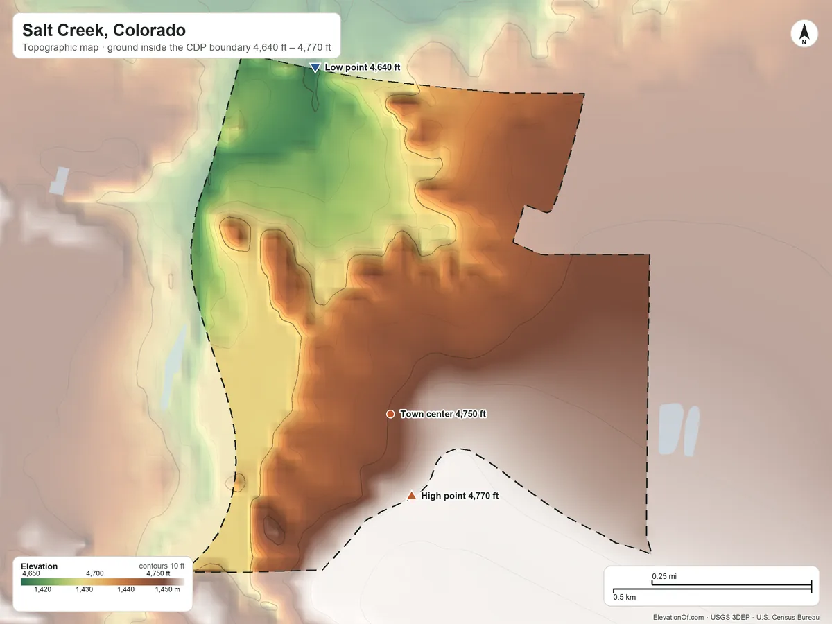 Topographic elevation map of Salt Creek, Colorado, shaded from 4,640 ft on the north side to 4,770 ft on the south side