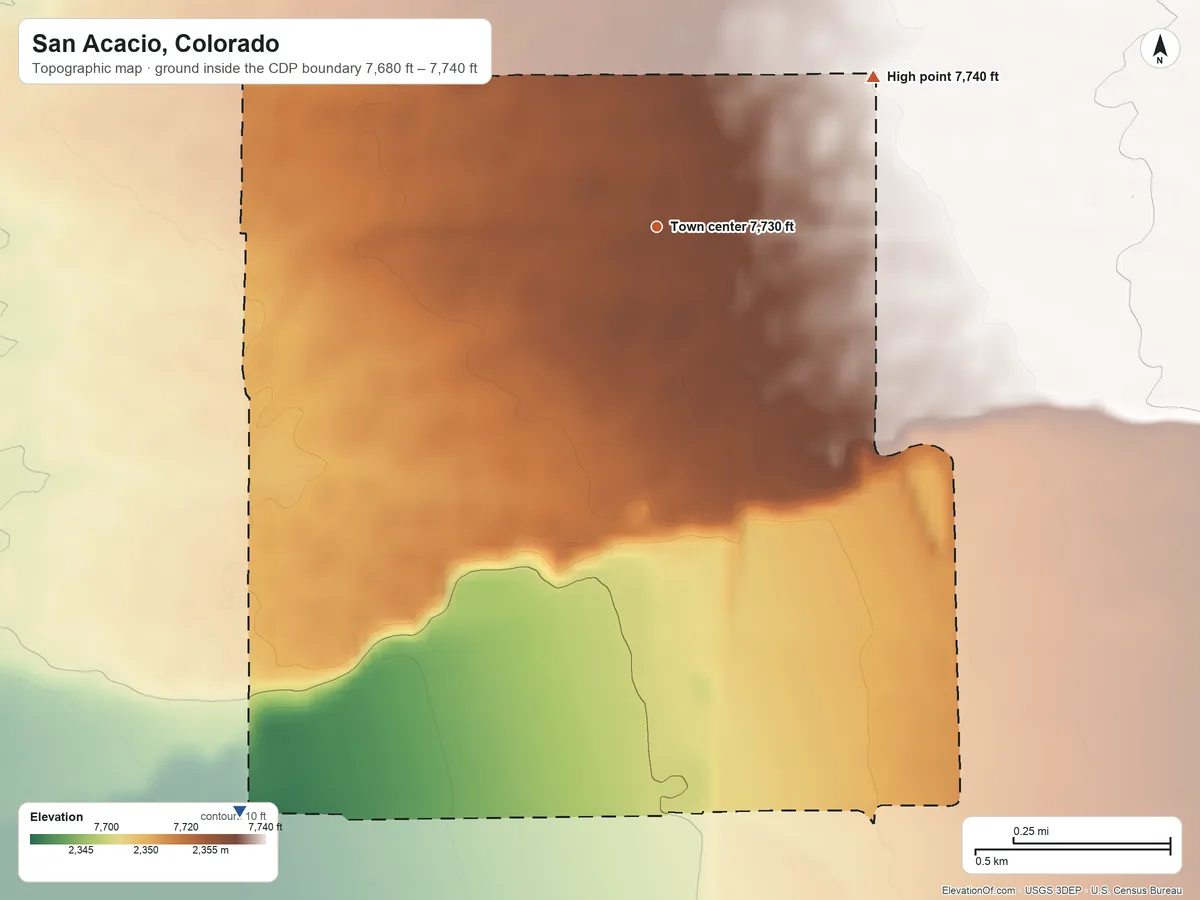 Topographic elevation map of San Acacio, Colorado, shaded from 7,680 ft on the southwest side to 7,740 ft on the northeast side