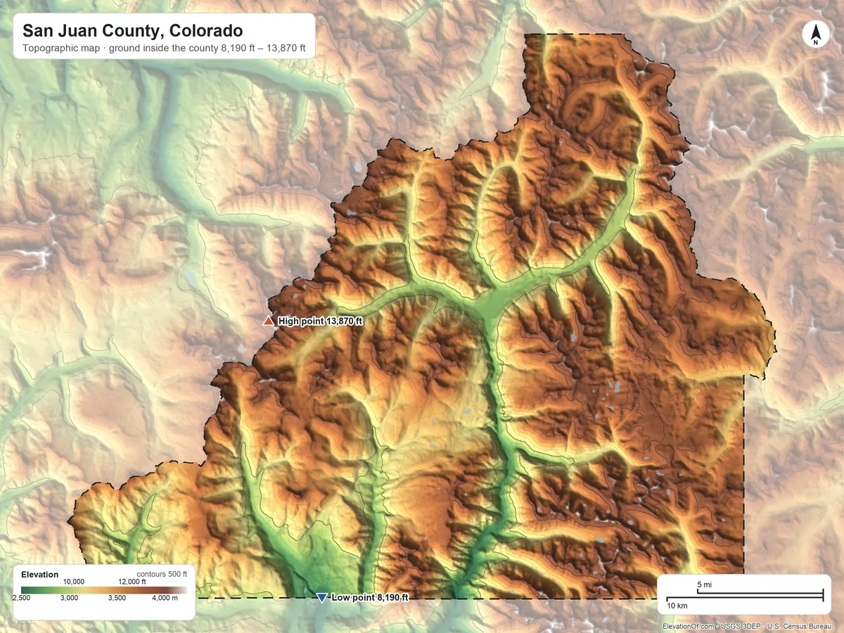 Topographic elevation map of San Juan County, Colorado, shaded from 8,190 ft on the south side to 13,870 ft on Vermilion Peak