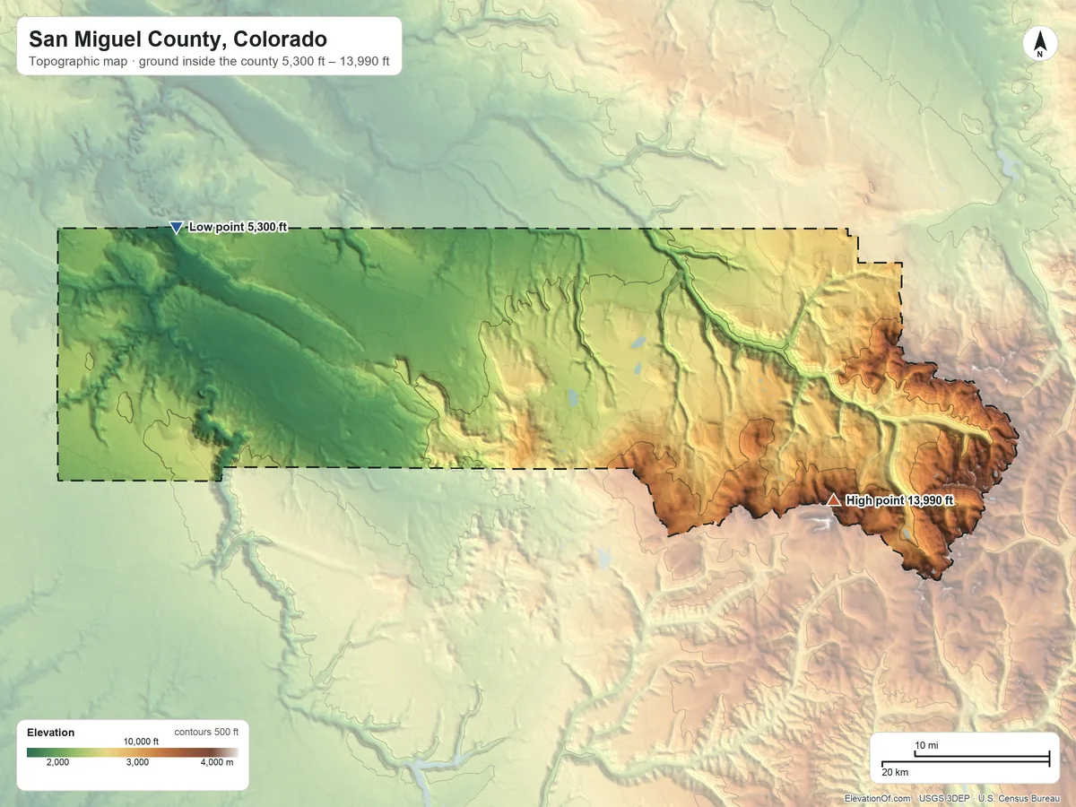 Topographic elevation map of San Miguel County, Colorado, shaded from 5,300 ft on the northwest side to 13,990 ft on Wilson Peak