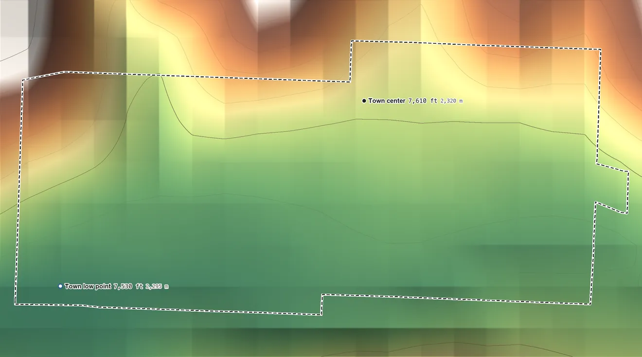 Topographic elevation map of Sawpit, Colorado, shaded from 7,530 ft on the southwest side to 7,780 ft at the foot of the San Miguel Mountains