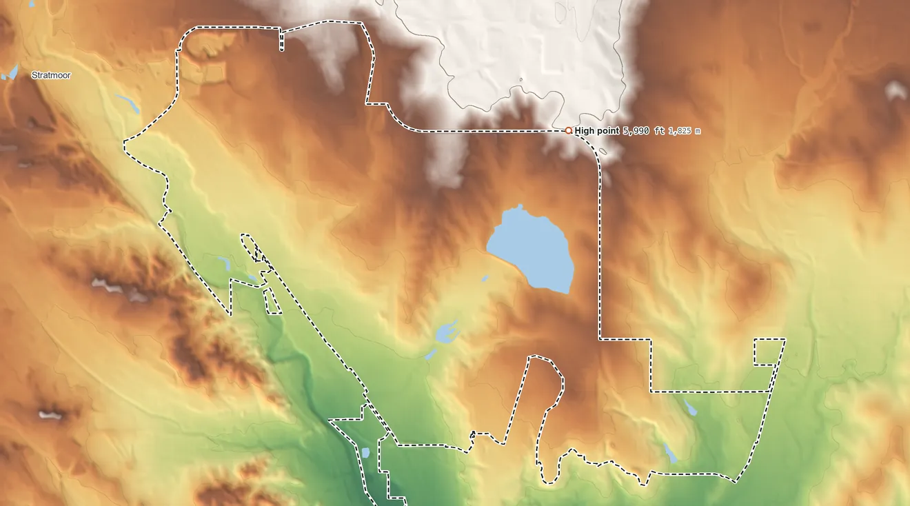 Topographic elevation map of Security-Widefield, Colorado, shaded from 5,590 ft on the south side to 5,990 ft on the northeast side