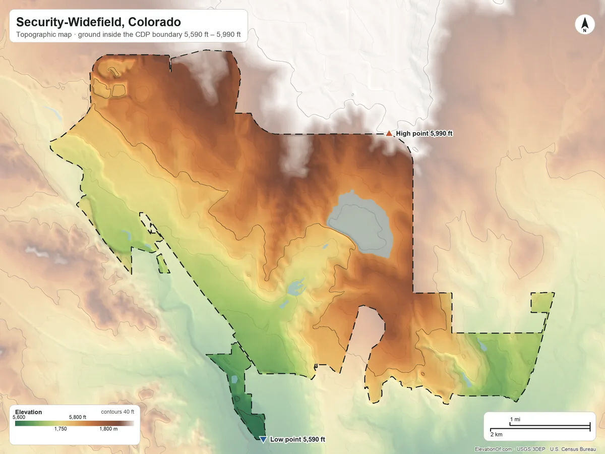 Topographic elevation map of Security-Widefield, Colorado, shaded from 5,590 ft on the south side to 5,990 ft on the northeast side