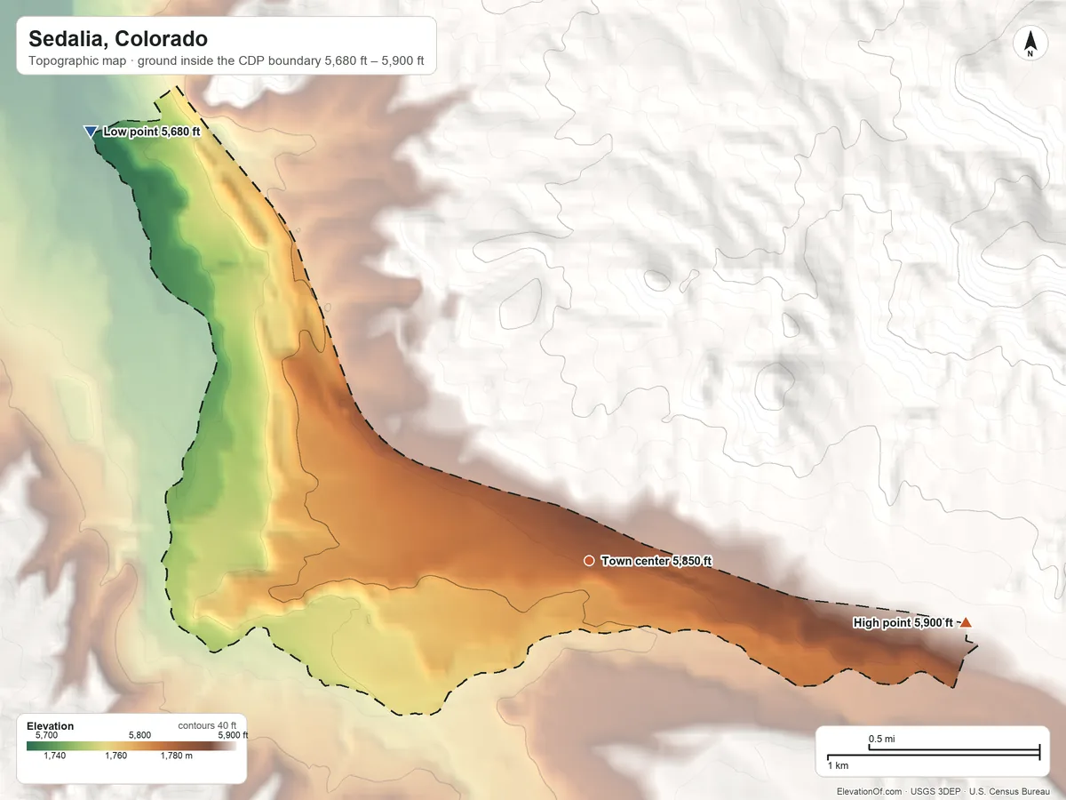 Topographic elevation map of Sedalia, Colorado, shaded from 5,680 ft on the northwest side to 5,900 ft at the foot of the Rampart Range