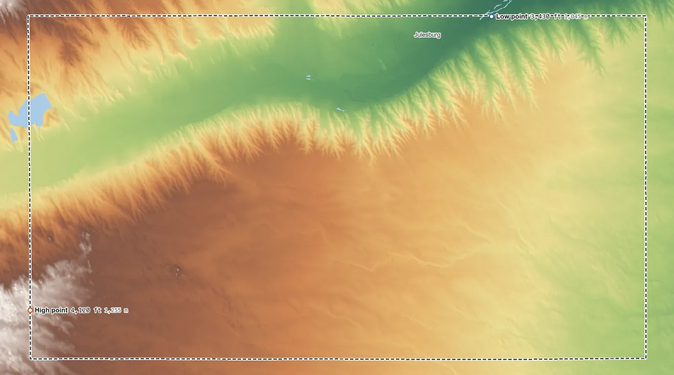 Topographic elevation map of Sedgwick County, Colorado, shaded from 3,430 ft on the northeast side to 4,120 ft on the west side