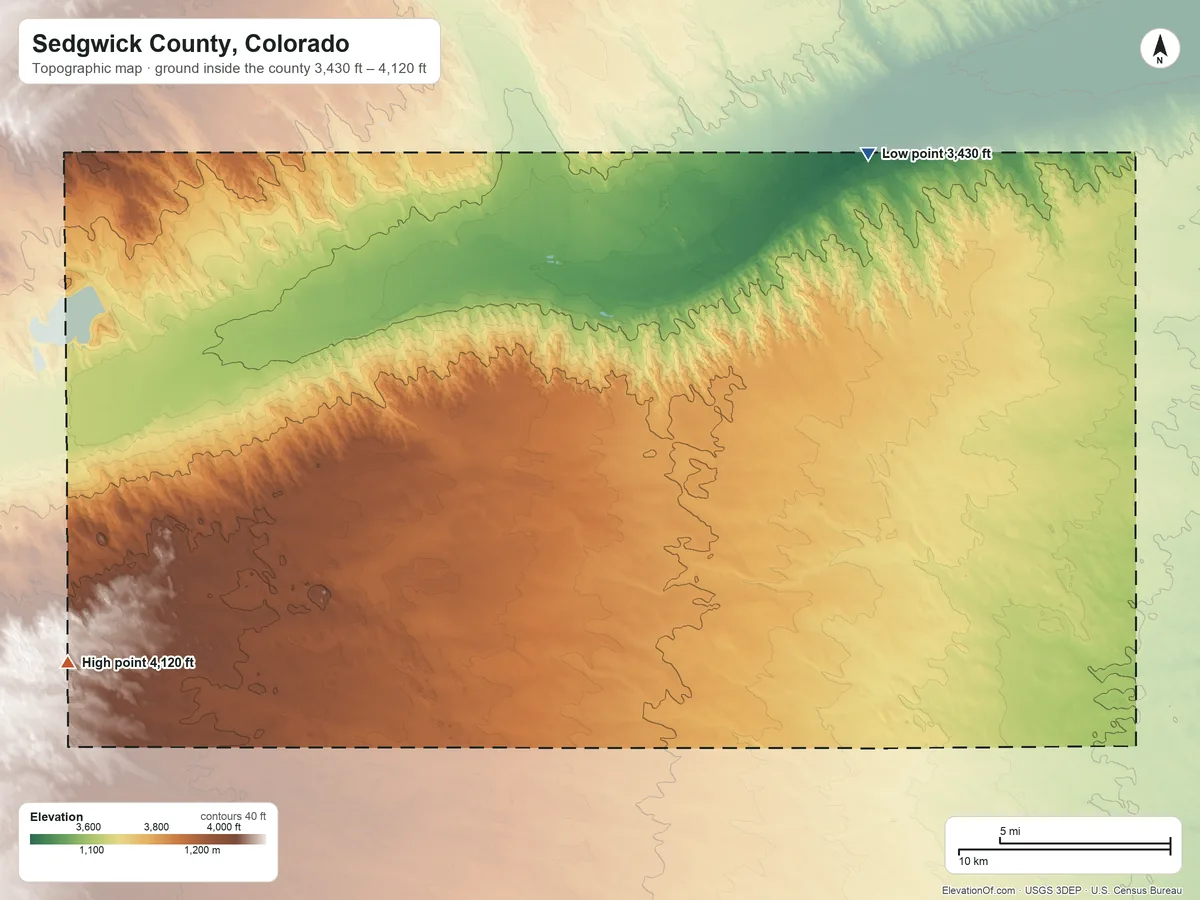 Topographic elevation map of Sedgwick County, Colorado, shaded from 3,430 ft on the northeast side to 4,120 ft on the west side
