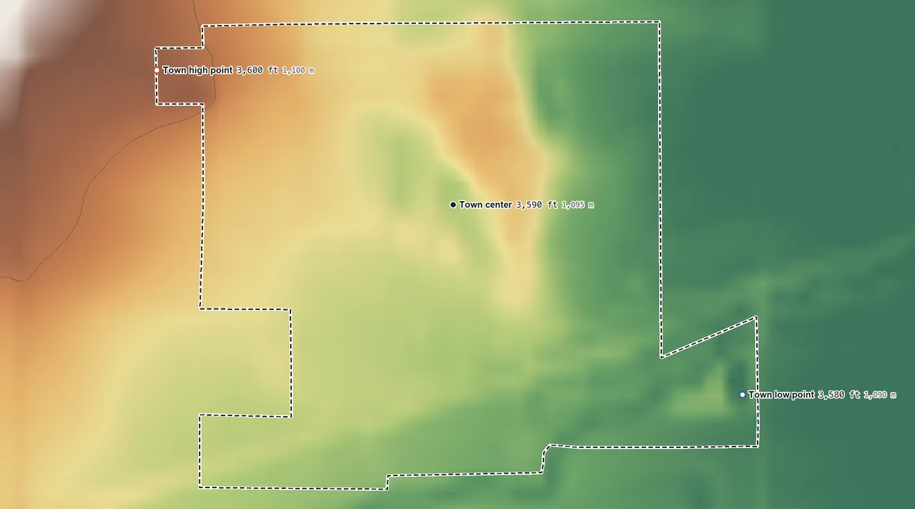 Topographic elevation map of Sedgwick, Colorado, shaded from 3,580 ft on the southeast side to 3,600 ft on the northwest side
