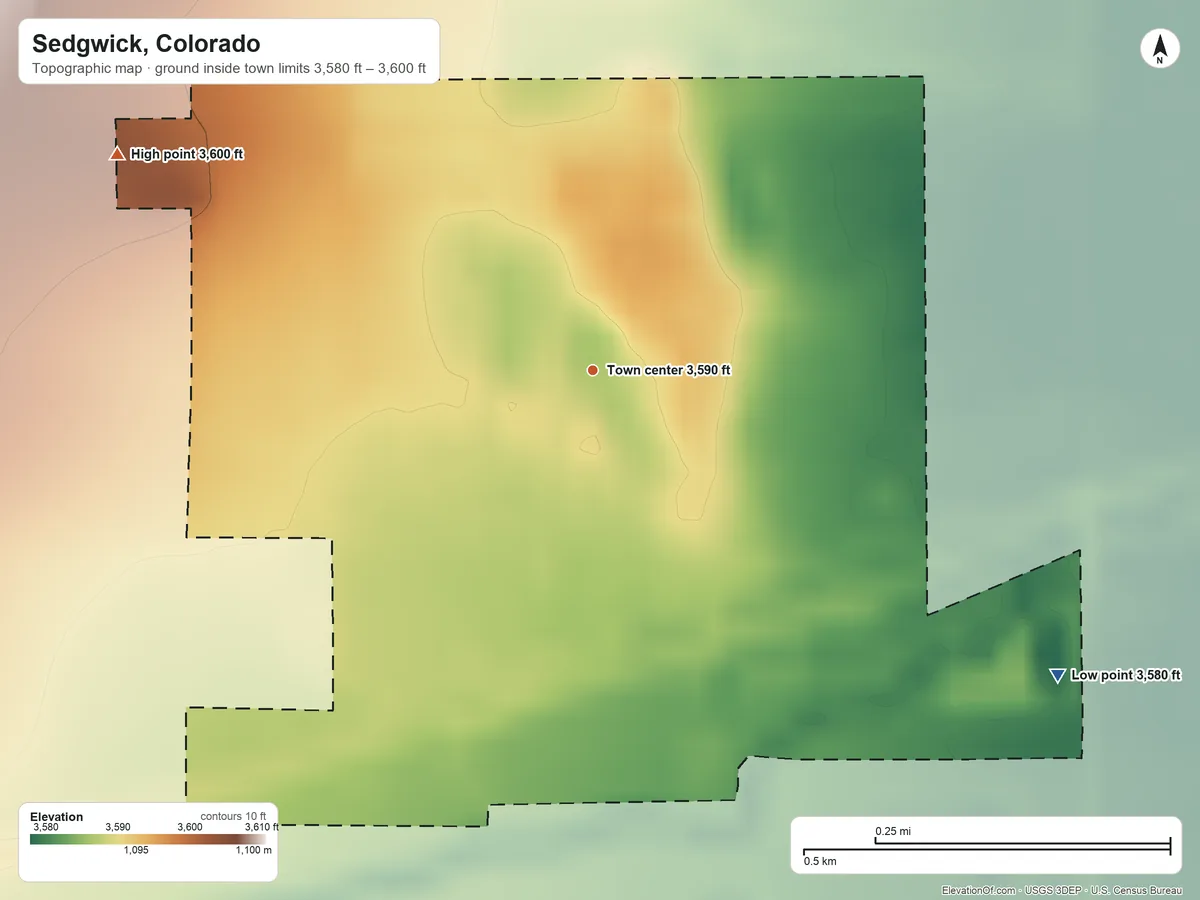 Topographic elevation map of Sedgwick, Colorado, shaded from 3,580 ft on the southeast side to 3,600 ft on the northwest side